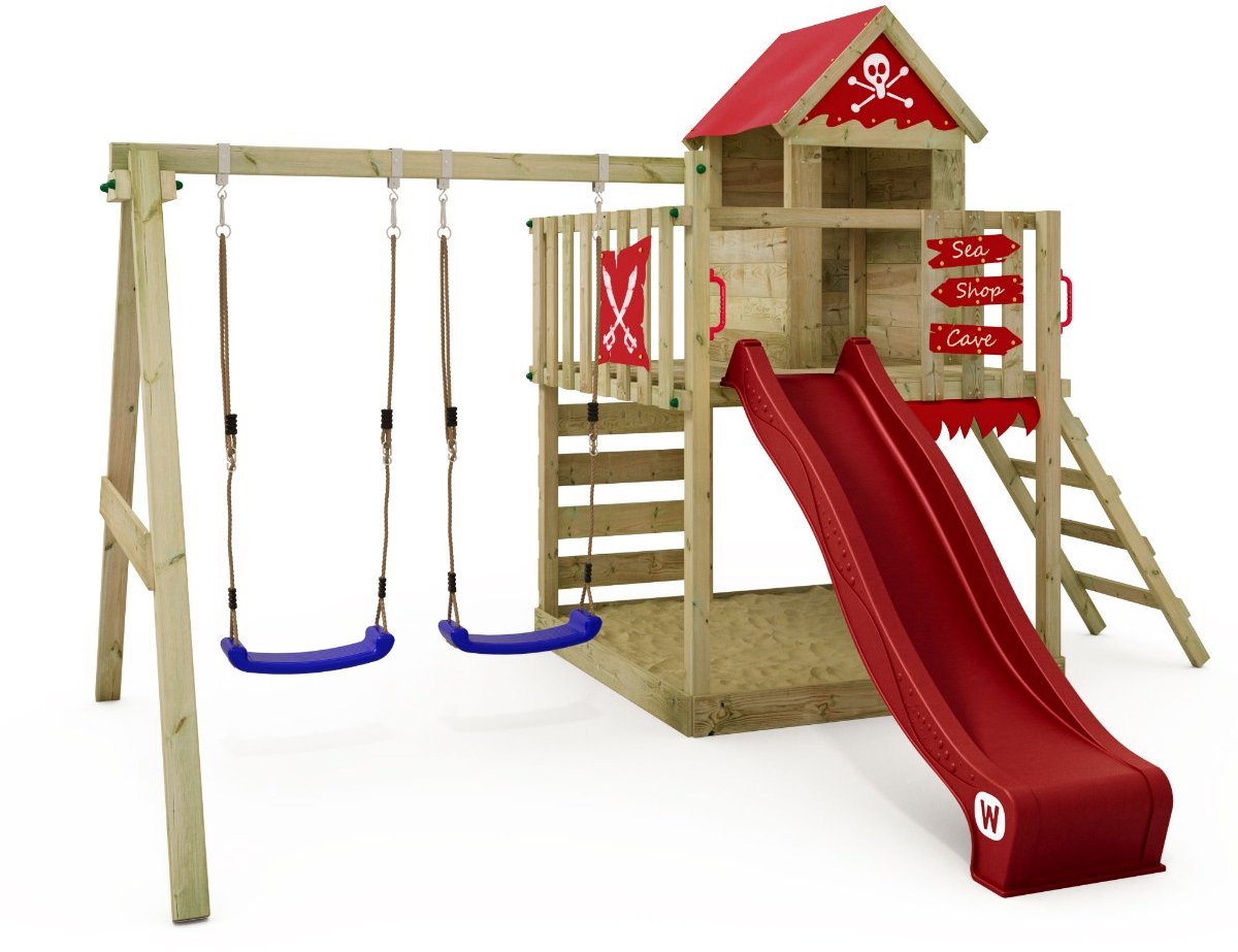 WICKEY speeltoestel klimtoestel Smart Cave met schommel & rode glijbaan, outdoor klimtoren voor kinderen met zandbak, ladder & speelaccessoires voor de tuin