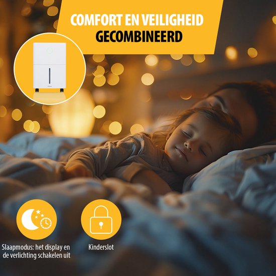 Witte luchtontvochtiger in slaapkamer, met indicatie voor slaapmodus en kinderslot.