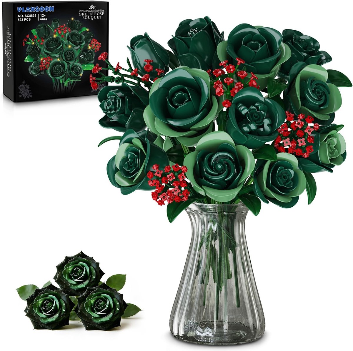 CUBIMANA Groene Rozen Boeket Bouwsets - 523 Delen Met LED Licht Bouwpakket - 3.6MM Mini Stenen - Duurzaam Bouw Spleegoed voor Volwassenen Kinderen 12+ (Geen Vaas)