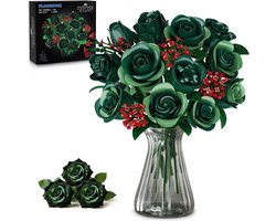 CUBIMANA Groene Rozen Boeket Bouwsets - 523 Delen Met LED Licht Bouwpakket - 3.6MM Mini Stenen - Duurzaam Bouw Spleegoed voor Volwassenen Kinderen 12+ （Geen Vaas）