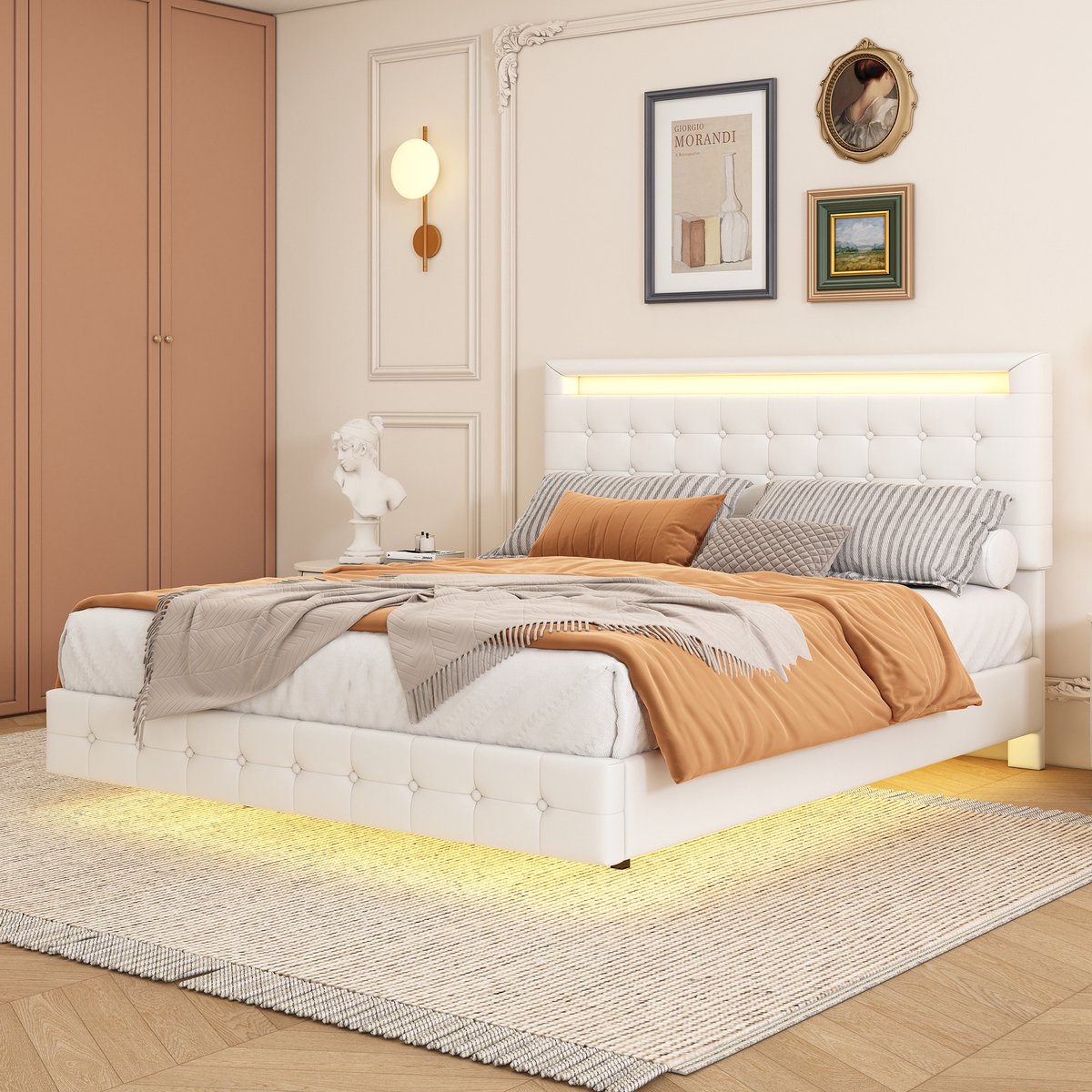FloraGrace Bed 140x200cm – Zwevend Design Met Led Sfeerverlichting – Verstelbaar Hoofdbord – Zonder Opbergruimte – Slaapkamer – Pu – Wit – Zonder matras