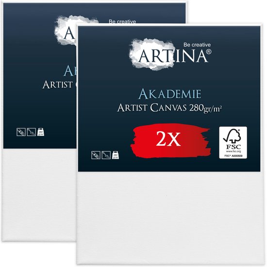Twee witte schilderdoeken met "ARTINA AKADEMIE ARTIST CANVAS 280 gr/m²" en "2x" erop.