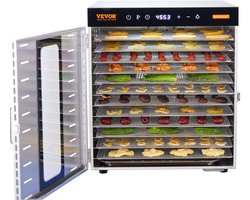 VEVOR 1000 w Dehydrator Roestvrij Staal, 300 x 280 mm 10 Stuks Dienbladen 360° Droog, Dehydrator, 30-90℃ Temperatuurregeling, 0,5 Tot 48 uur Timer, Oververhittingsbeveiliging, Receptenboekje voor Vlees, Fruit, Groenten