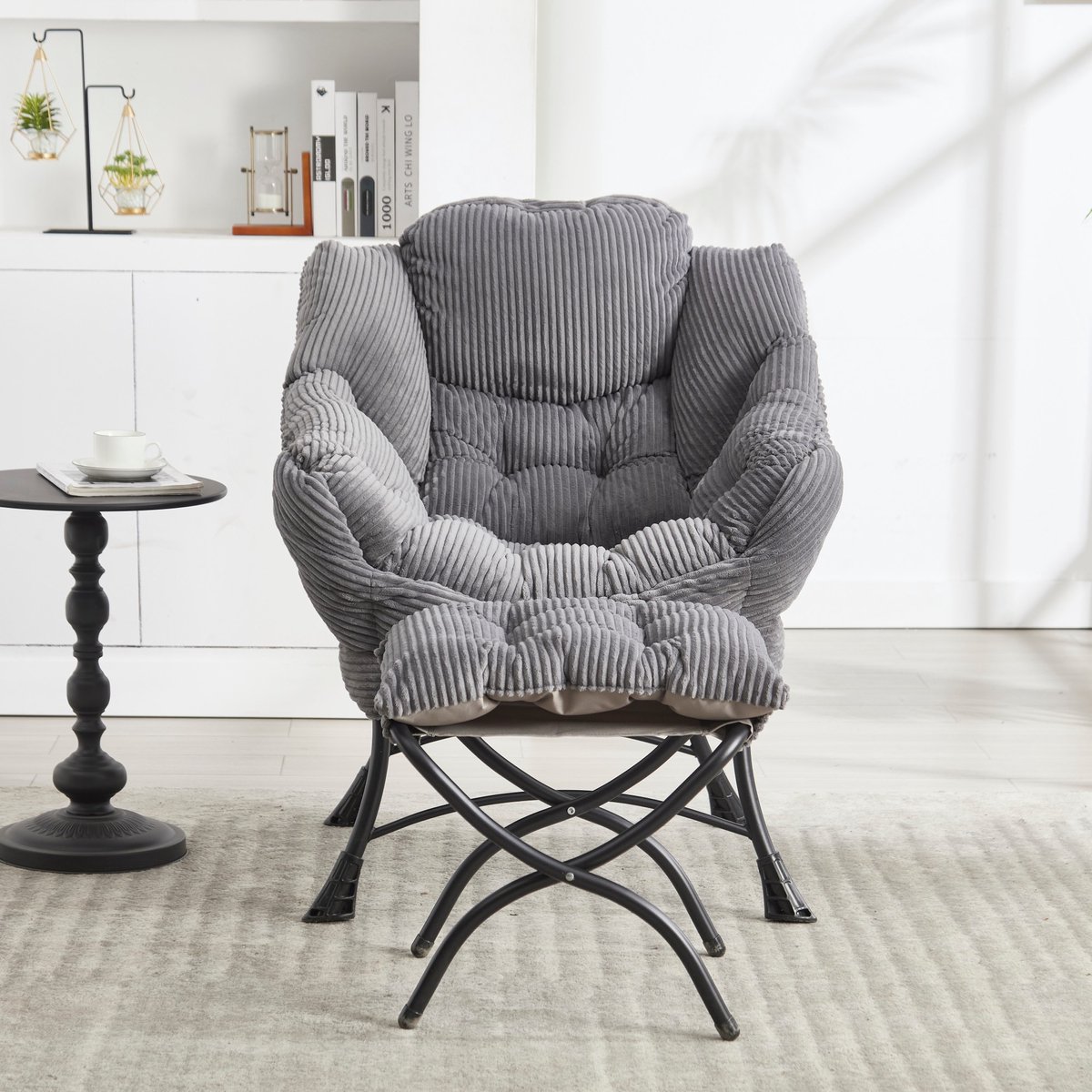 Zubaliya 1-Set Loungefauteuil Met Ottoman - Grijze Relaxstoel Met Opbergzak En Verstelbare Hoek - Zachte Vlinderstoel Voor Kleine Ruimtes