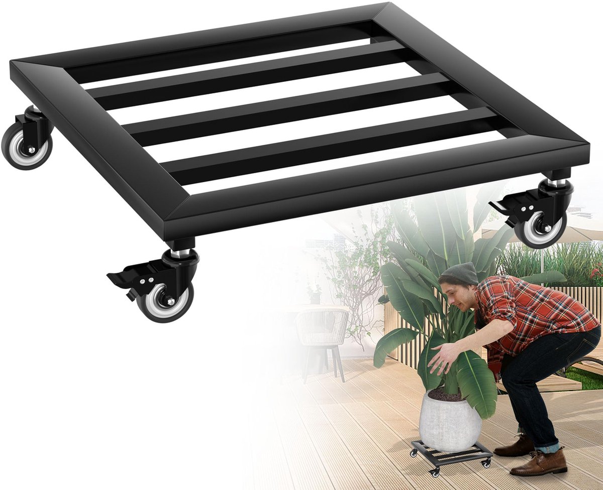 Aufun Metaal Plantenroller, Plantenrolbord met 4 Wielen en 2 Remmen, Bloemenroller Caddy voor Binnen & Buiten, Huis en Tuin (TYP A)