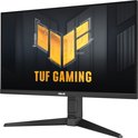 Een zwarte ASUS TUF Gaming monitor met het TUF Gaming logo op het scherm, op een witte achtergrond.