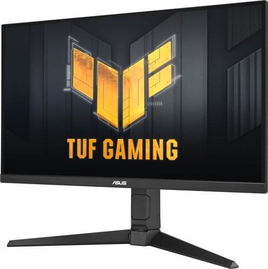 Een zwarte ASUS TUF Gaming monitor met het TUF Gaming logo op het scherm, op een witte achtergrond.