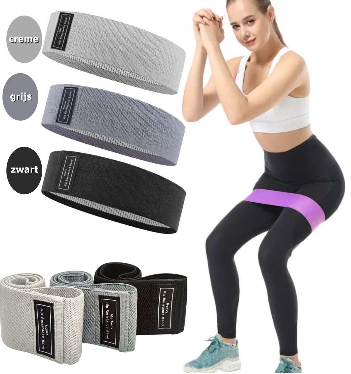 CUBEXCOM® Weerstandsbanden Set, Resistance Band, Set van 3 stuks, Antislip Weerstandsbanden, Fitness Elastiek Booty Band, Weerstand Banden, Sport Banden, Home Workout, Stretch Band, met Opbergtasje, Creme, Grijs, Zwart