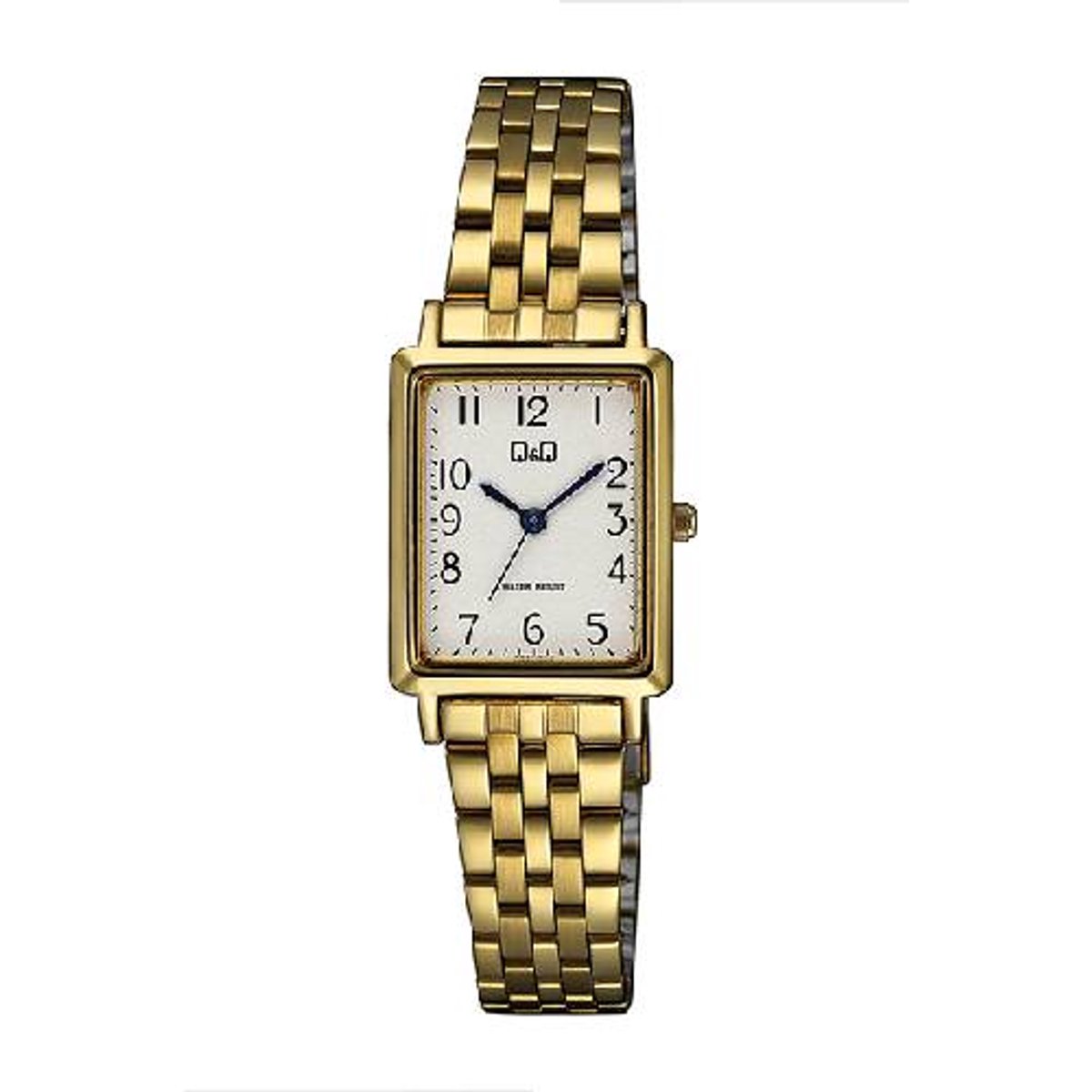 QQ-dames horloge-model q03c-500py-rechthoekig-goudkleurig-duidelijke wijzerplaat-afmeting 22x26mm-3 bar waterdicht