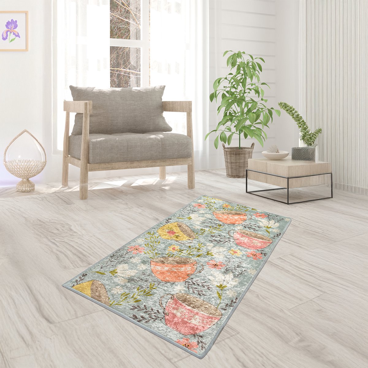 Bosdela Wasbaar vloerkleed voor de woonkamer, keuken, deurmat of tapijt met bloemenpatroon Mok 80x120 cm
