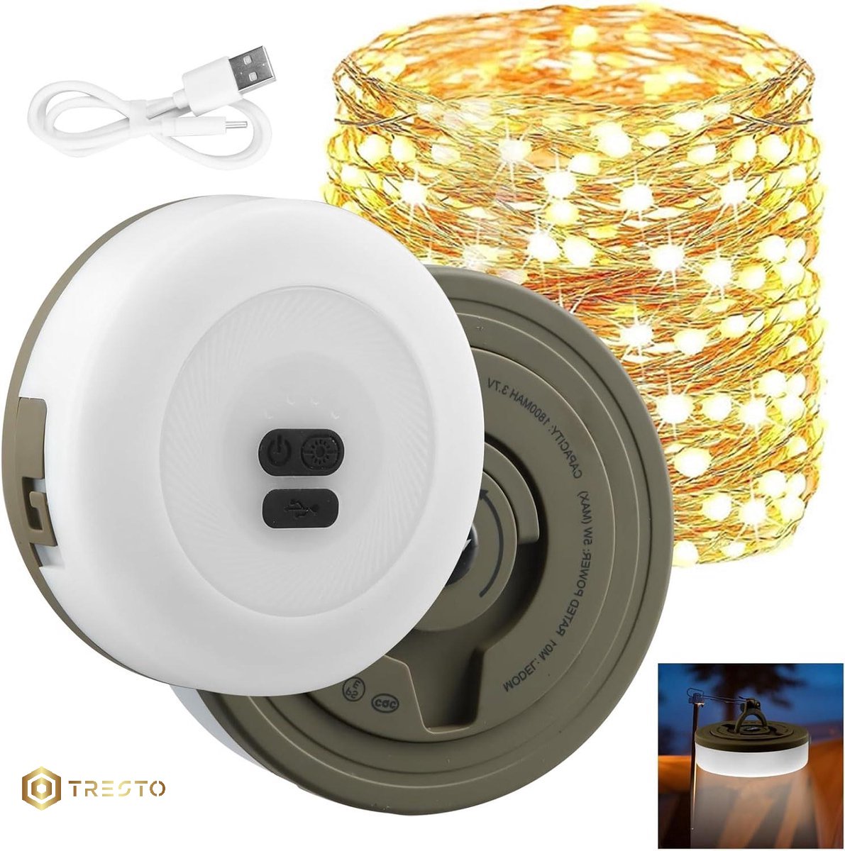 TRESTO- Intrekbare Camping String Lights 10M Oplaadbaar - Outdoor Waterdicht en Draagbaar met Opbergbare LED Verlichting - Warm Licht