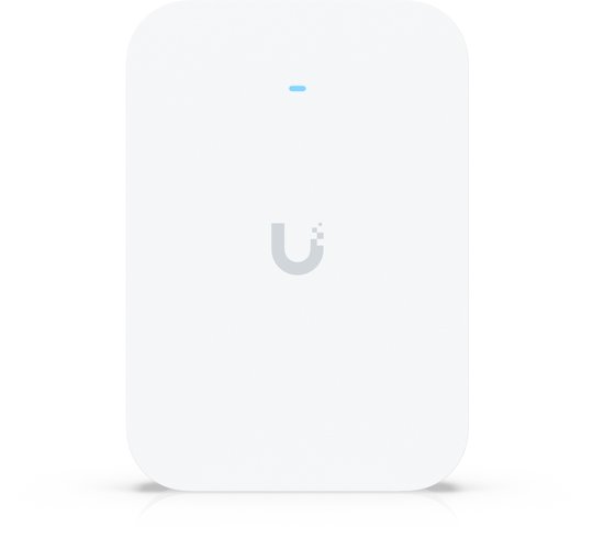 Witte wandgemonteerde Wi-Fi 7 accesspoint met het Ubiquiti logo en een blauw lampje.