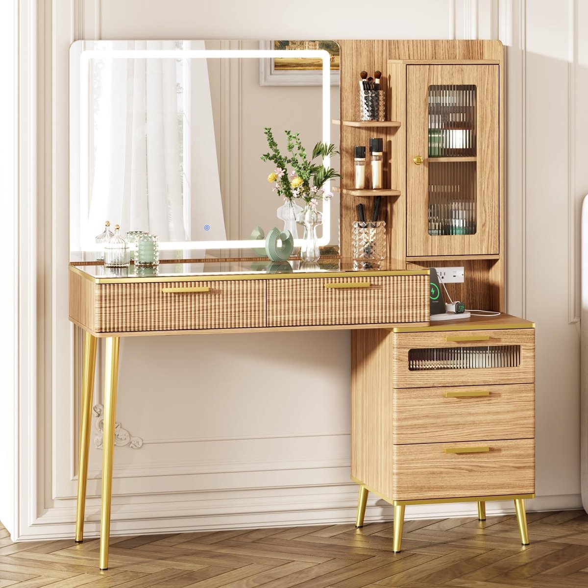 Schminktisch met Spiegel en LED Verlichting 120 cm – Make-up Tafel met 5 Laden, Glasplaat & Stopcontact – Moderne Kaptafel met Opbergruimte – Eikenlook – Pauwhome