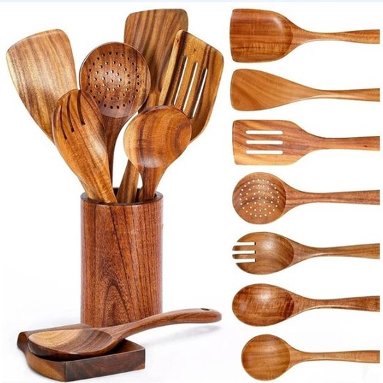 WALDWERK Keukengerei set van hout – 9-delig met grilltang, garde