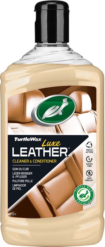 Bouteille de nettoyant et revitalisant en cuir Turtle Wax Luxe Leather avec image d'un siège de voiture en cuir.