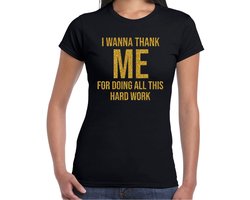 Bellatio Decorations Foute party T-shirt dames - zwart - glitter goud - I wanna thank me for doing all this hard work XS