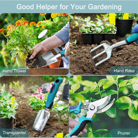 Tuiniergereedschapset, 7-delige tuingereedschapset, roestbestendige tuinset met duurzame opbergtas, ideaal tuincadeau voor vrouwen en mannen — afbeelding 5