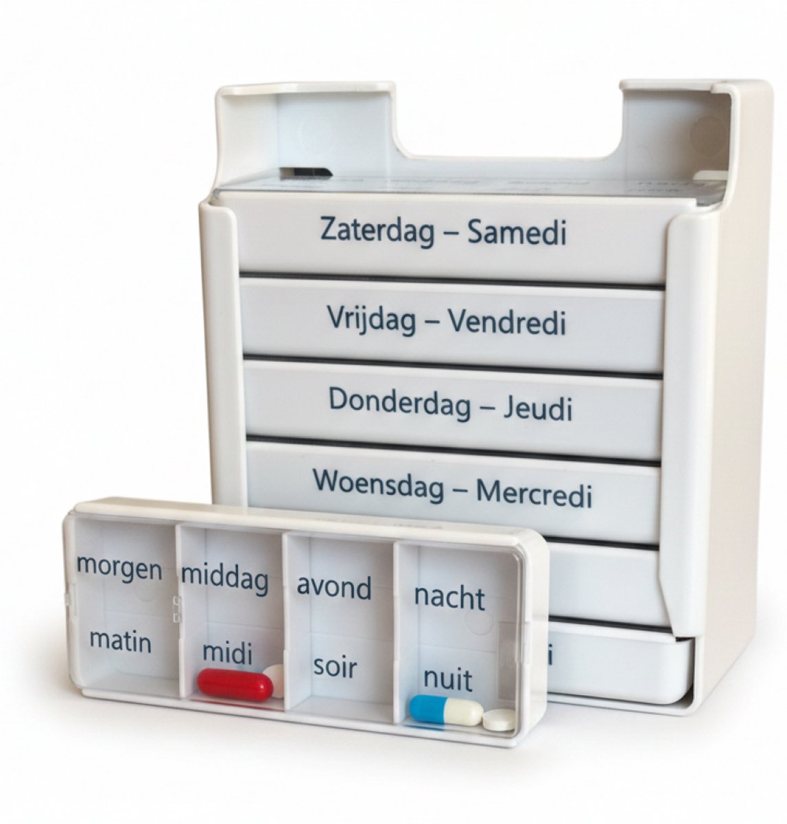 Pillendoos met 5 geluid en/of tril-alarmen en 6 medicijnvakjes. Pillbox