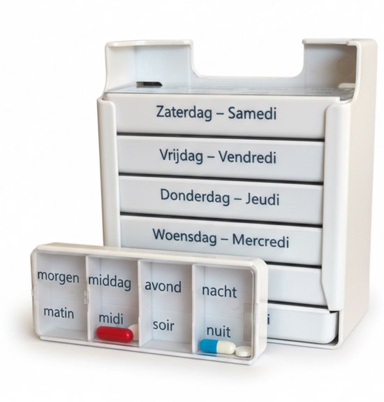 Medies - pilulier en néerlandais et français| pilulier 7 jours | boîtes à pilules | piluliers 7 jours 4 compartiments | semaine de la boîte à pilules| pilulier - 7 parties journalières séparées avec couvercle coulissant facile - Néerlandais/Français