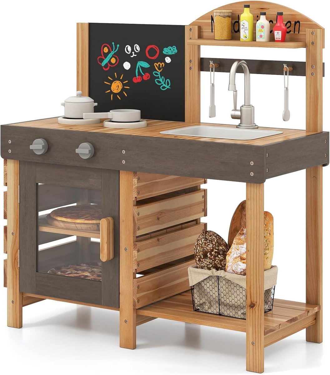 KOMFOTTEU Houten Modderkeuken - buitenkeuken - buiten speelkeuken - met fornuis, gootsteen, planken, krijtbord en complete accessoires - voor kinderen van 3-8 jaar