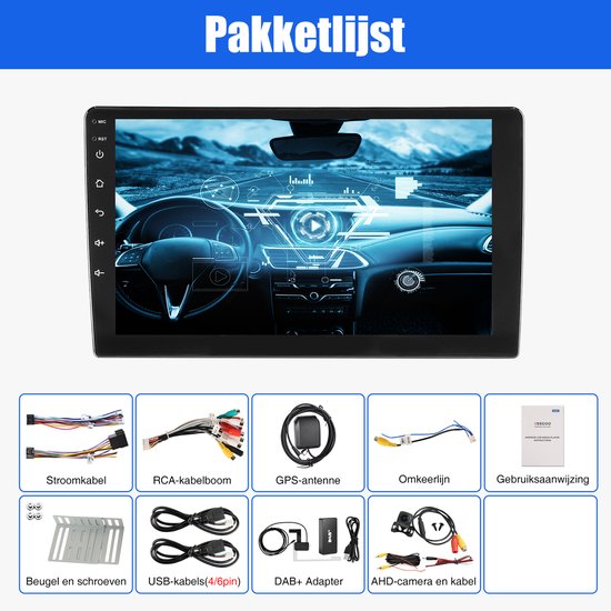 Inhoud van het pakket van de autoradio, inclusief kabels, antenne en handleiding.