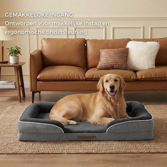Gouden retriever op een grijze orthopedische hondenmand met verhoogde rand, in een woonkamer.