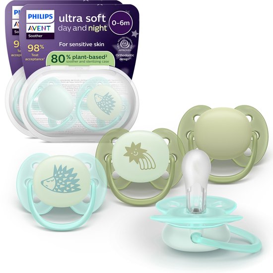Philips Avent Ultra Soft dag en nacht spenen met egel en ster. 0-6m.