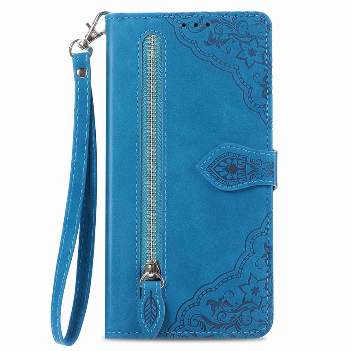 YPCd - Portemonnee Bookcase Hoesje Geschikt voor Samsung Galaxy S23 Ultra – PU Leren Wallet Flip Cover met Ritssluiting – Pasjesvakken & Polsbandje – Standfunctie – Bloemen – Blauw