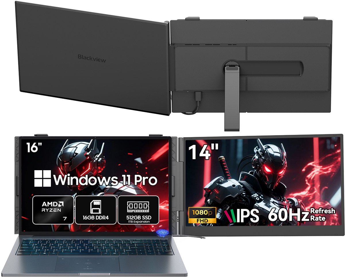 Blackview GamiBook8 Gaming Laptop (AMD Ryzen7 7735HS/16G/512G) + SCM6 14" Draagbare Monitor Set, All-in-One Gaming & Kantoor Accessoires (Laptop Tas/Muis/Toetsenbordstickers, Grijs)