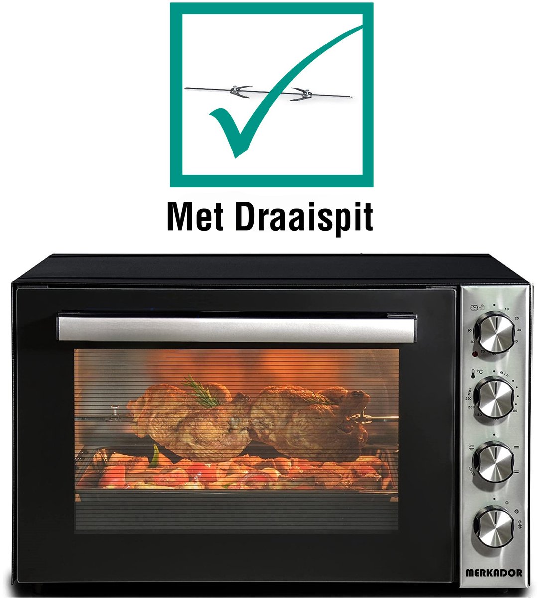 Merkador XXL Vrijstaande Oven - 70 Liter - 2000 Watt - Hetelucht - Draaispit - RVS Afwerking - Gemakkelijk te Reinigen Granieten Binnencoating – foto 4