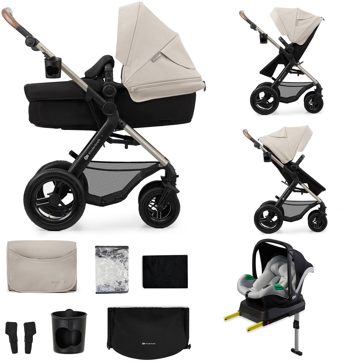 Kinderkraft MOOV 2 AIR 4-in-1 Kinderwagen – Gondel, Wandelzit & MINK PRO i-Size Autostoel – Grote Pompbare Wielen – Grijs