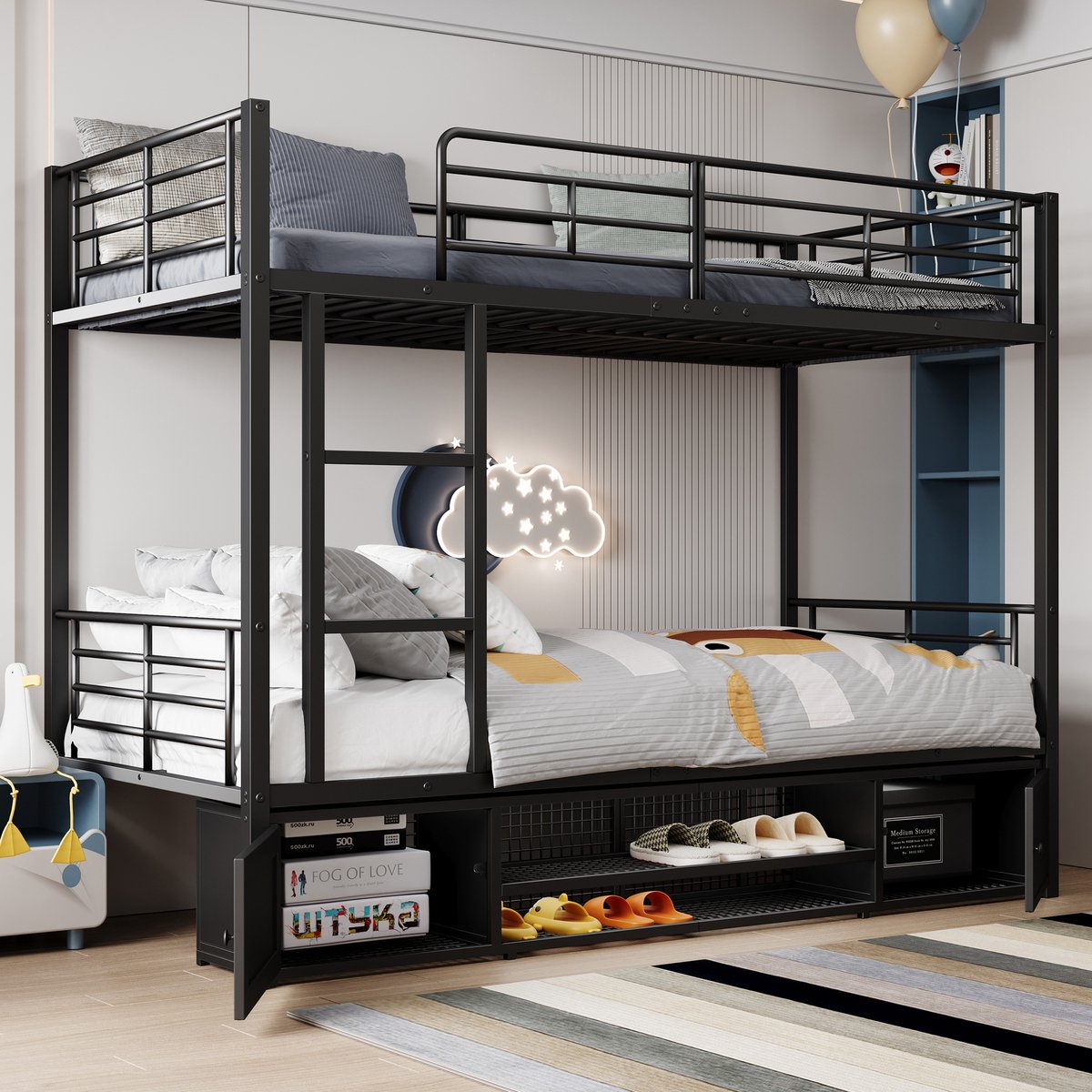 REDOM Stapelbed 90x200 cm – Met Veiligheidshek & Ladder – Met Schoenenrek En Opbergkastjes – Kinderbed Voor Tienerkamer – Metaal – Zwart
