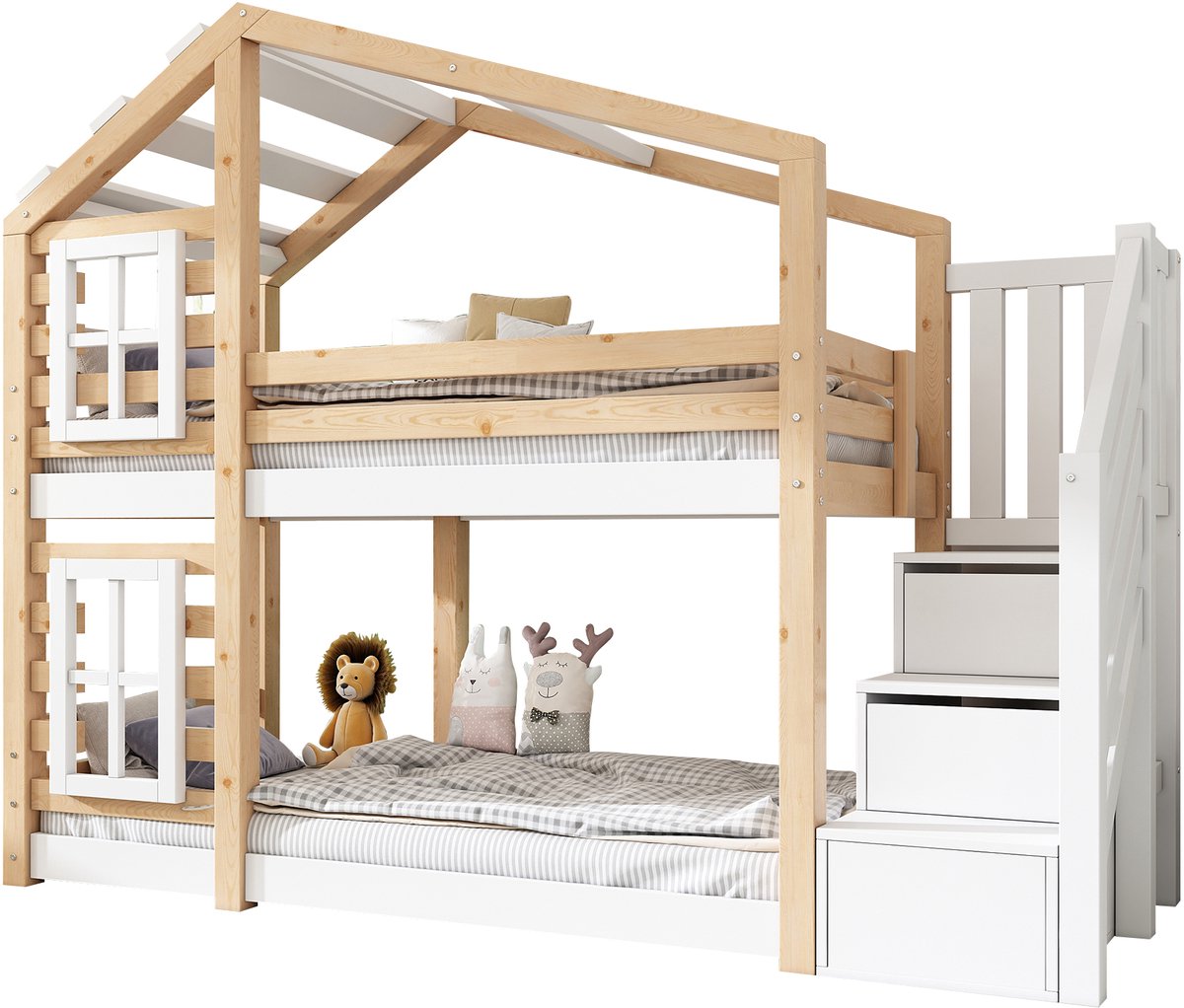 REDOM Stapelbed – 90x200 cm – Met trapkast & veiligheidshek – Massief hout & MDF – Naturel & Wit Natuurlijk