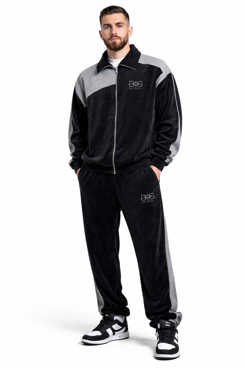 van Gevorkian - Luxe Trainingspak - Zwart/Grijs - Maat L - Velours Katoen - Unisex - Uniek Design - Oversized Loungewear - Heren & Dames