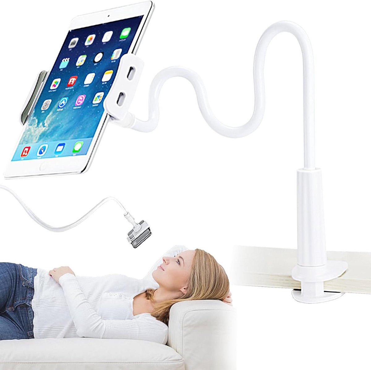 Flexibele mobiele telefoonhouder met zwanenhals voor bed, 360 graden verstelbaar - Wit.