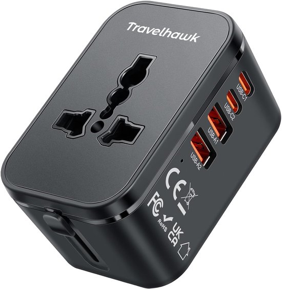 Travelhawk Wereldstekker met 2x USB-C en 2x USB Poort - Reisstekker - USB stekker - Internationale Reisstekker voor 150+ landen - Amerika (USA) - Engeland (UK) - Australië - Azië - Zuid Amerika - Afrika - Wereldstekkers - Zwart