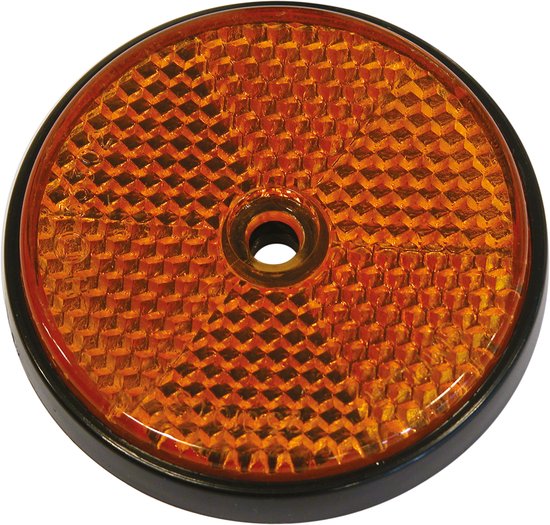 Oranje ronde reflector, 70mm, met een ruitpatroon en een centraal montagegat.