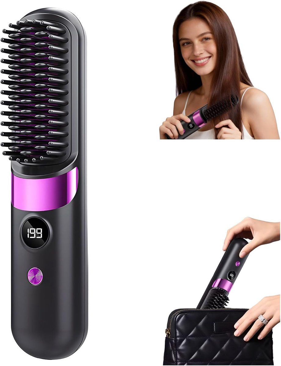 Draadloze Draagbare Haarborstel Stijlborstel Met LCD Temperatuurdisplay Snel Verwarmend Mini Stijltang Voor Reizen Zwart