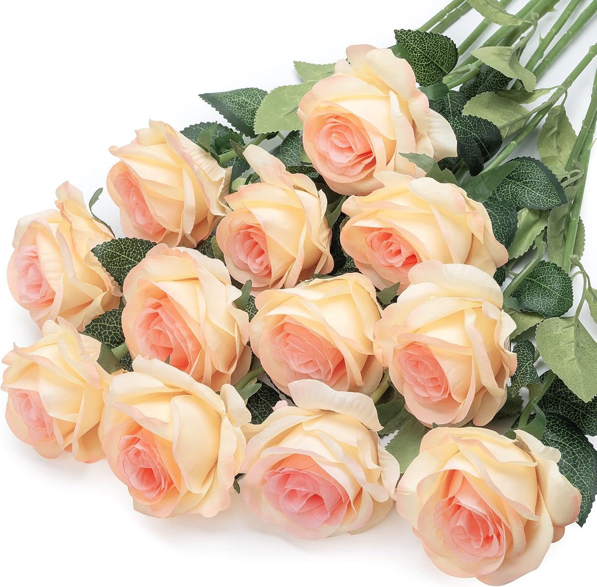 Famanu Kunstrozen 12 stuks kunstbloemen voor decoraties champagnekleurige zijden neprozen op enkele steel realistisch kunstboeket voor bruiloften bloemenarrangementen tafelstukken feestelijke woondecoratie