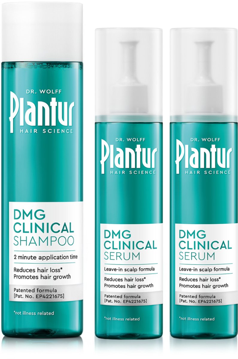 Plantur DMG Clinical Set – Shampoo 250 ml + 2× Serum 125 ml – Complete verzorging tegen haaruitval – Met DMG & cafeïne – Dagelijkse hoofdhuidverzorging – Klinisch getest – Voor vrouwen
