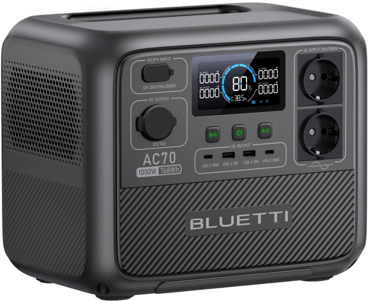 BLUETTI AC70 768Wh Portable Powerstation-Powerbank LiFePO4-Zonnegenerator met 2 1000W AC-Uitgangen-back-up voor Autoritten, Off-grid, Stroomuitval, Huis, Camping, Camper