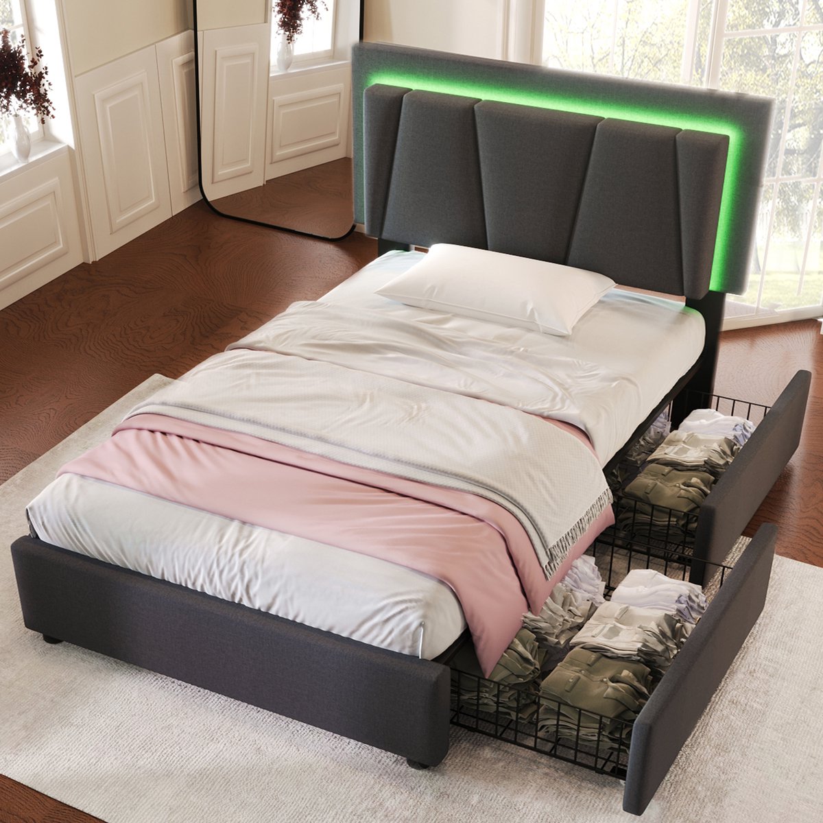MIVRAY Gestoffeerd Bed 90x200 Cm - Led Verlichting En 2 Lades - Verstelbaar Hoofdbord - Met Opbergruimte - Hout - Grijs - Zonder Matras
