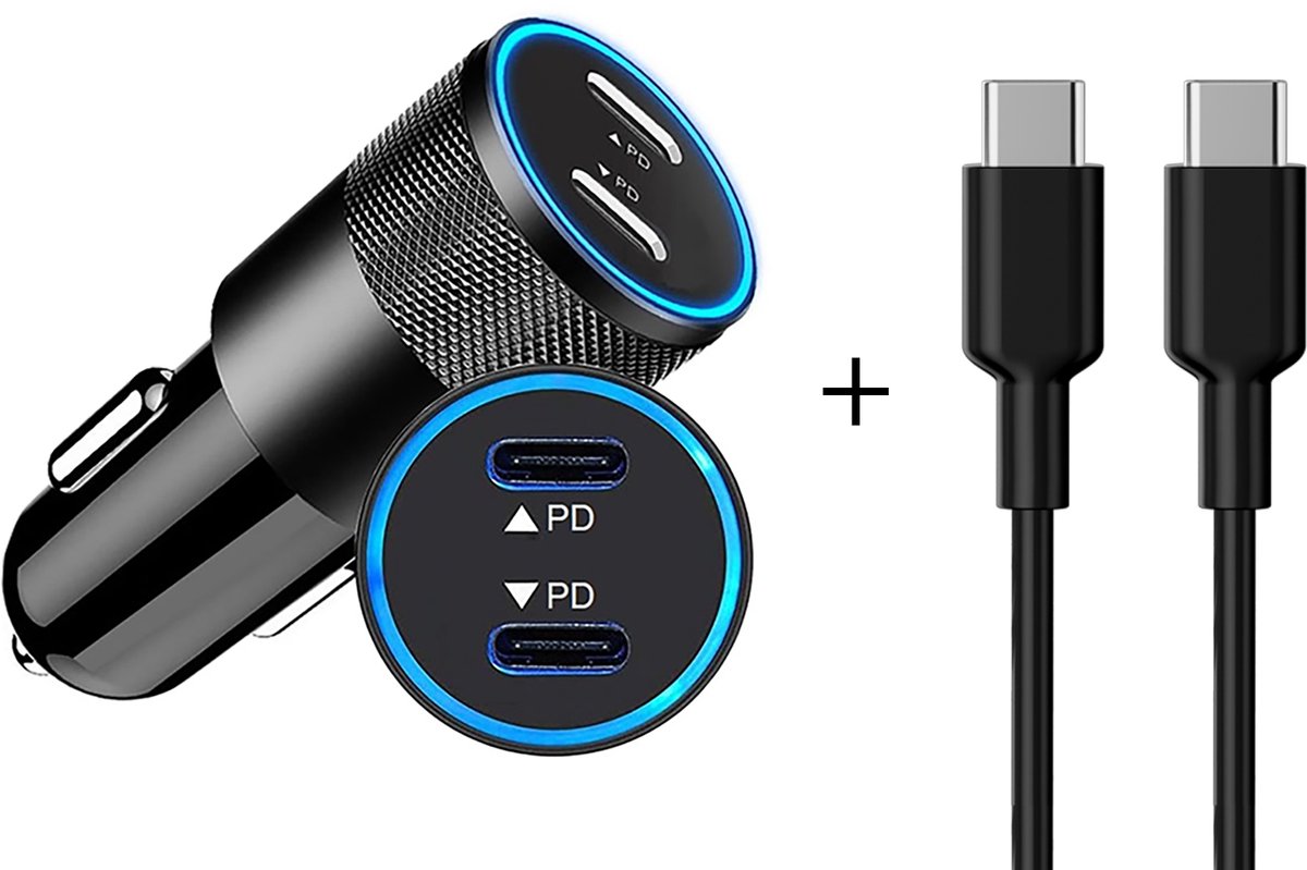 ThunderGold Autolader USB C + USB C kabel - Auto Oplader USB C - Auto Lader - USB Autolader - Autolader USB - Autoladers - Auto Snellader - USB Oplader Auto - Autolader USB C 2 Poorten - Auto Oplader USB