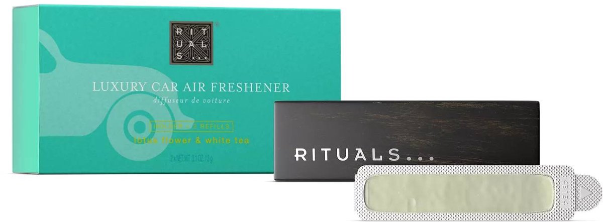Rituals - Auto Parfum - 2x Auto Luchtverfrisser Refills 3 gram + 1x Houten Houder voor Luchtverfrisser - Ritual of Karma - Autoparfum - Car Perfume - Refill - Navulling