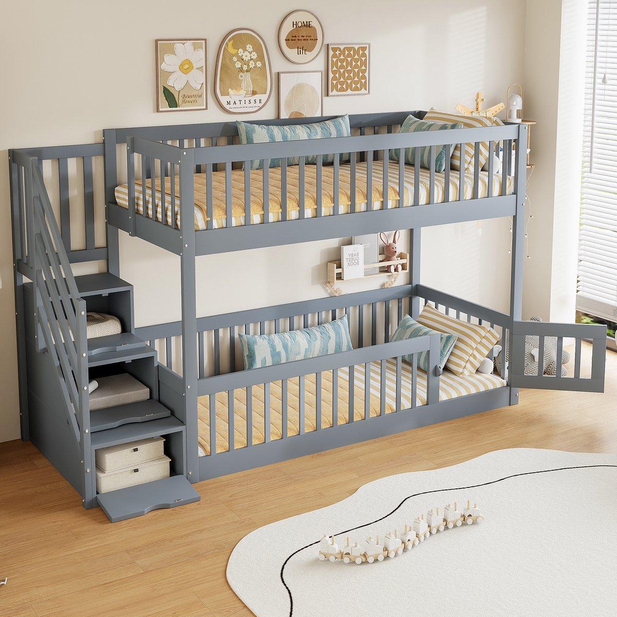 MIVRAY Stapelbed 90x200 Cm - Kinderbed Met Opbergladder En Schuiflades - Met Speeldeur Onderbed - Massief Hout - Grijs - Zonder Matras