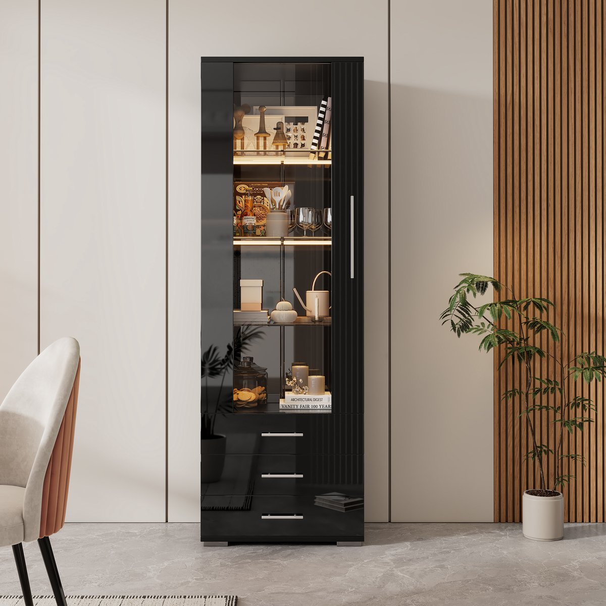Clruro Vitrinekast - 60x35x180 cm - Hoogglans met LED - met 3 Laden - Glas - Zwart