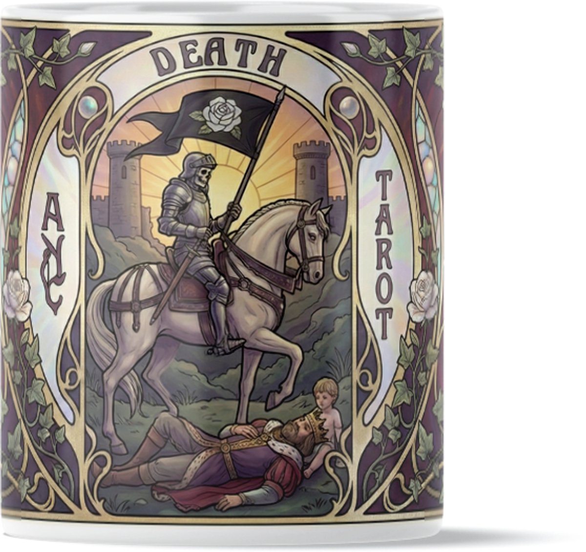 Mystieke Tarot Mok "Death" (De Dood) - Symbool voor Transformatie, Los Laten, Nieuw Begin & Weder Geboorte - Art Nouveau Gothic Stijl Skelet & Witte Rozen - Uniek Cadeau met Romantische Gotische Vintage Illustratie - Geharnaste Ridder op Wit Paard