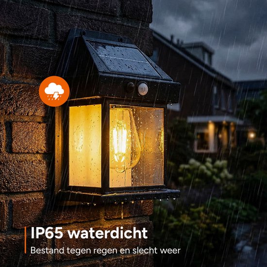 Zwarte solar buitenlamp met glazen kap, verlicht tijdens regenval, met IP65 waterdicht label.