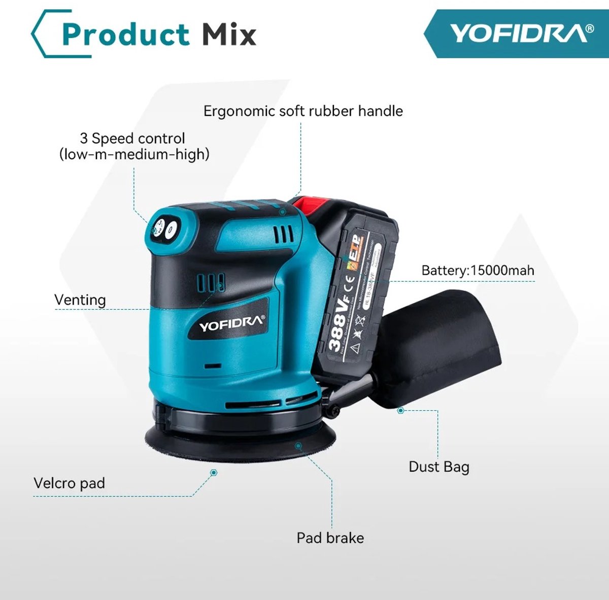Sensova 125 mm Draadloze Vlakschuurmachine voor Makita Accu met 2 Accu’s, 3 Snelheden 8000–12000 RPM, Schuur- en Polijstmachine voor Houtbewerking en Thuis Doe-Het-Zelf – foto 7
