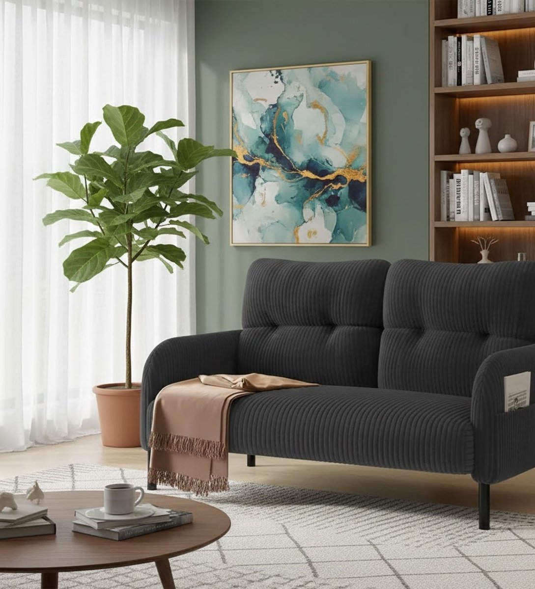 Luxe 2-Zits Ribfluweel Sofa – Comfortabele Loveseat met Hoge Rugleuning, 4 Opbergvakken en Stijlvolle Metalen Poten – Modern Bankje voor Woonkamer, Slaapkamer en Kantoor (Grijs) House&Garden